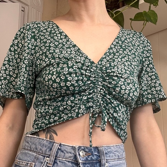 H&M Dark Green Floral Drawstring Top - Picture 3 of 15